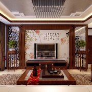 中式别墅原木本色效果图客厅