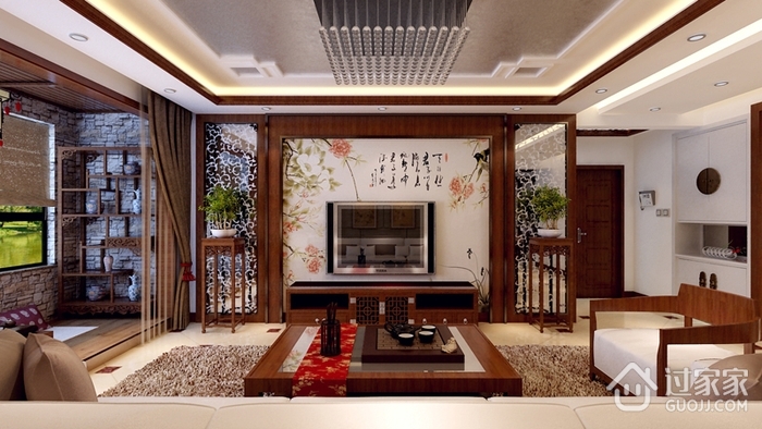 中式别墅原木本色效果图客厅
