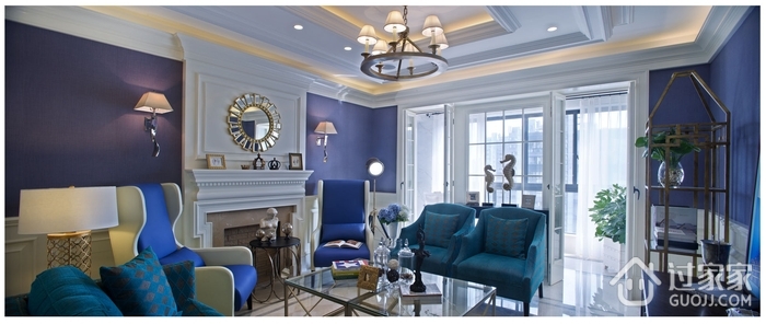 欧式蓝色经典客厅效果图