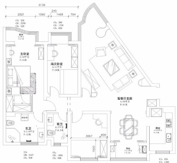 160三居室现代风格,房子不规则也v风格的136装修平米设计图的户型图片
