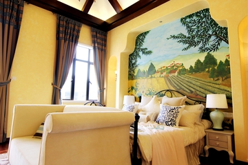 地中海风样板房效果卧室床头背景墙装饰画