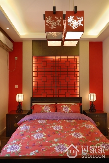 卧室复古红色背景墙效果图