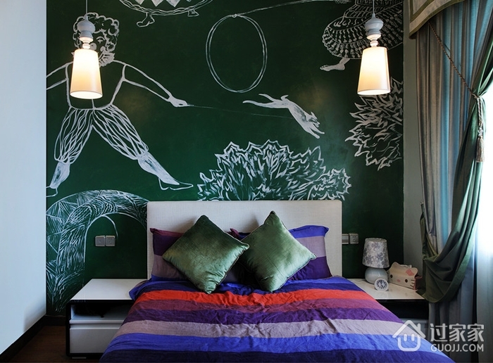 卧室绿色手绘背景墙效果图